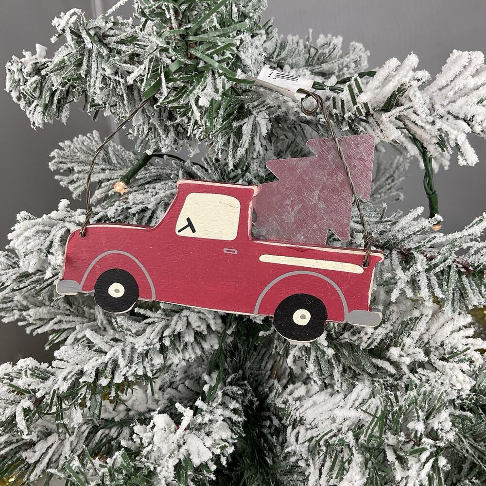 Christmas Ornament-Festive Red Truck With Metal Christmas Tree In The Back